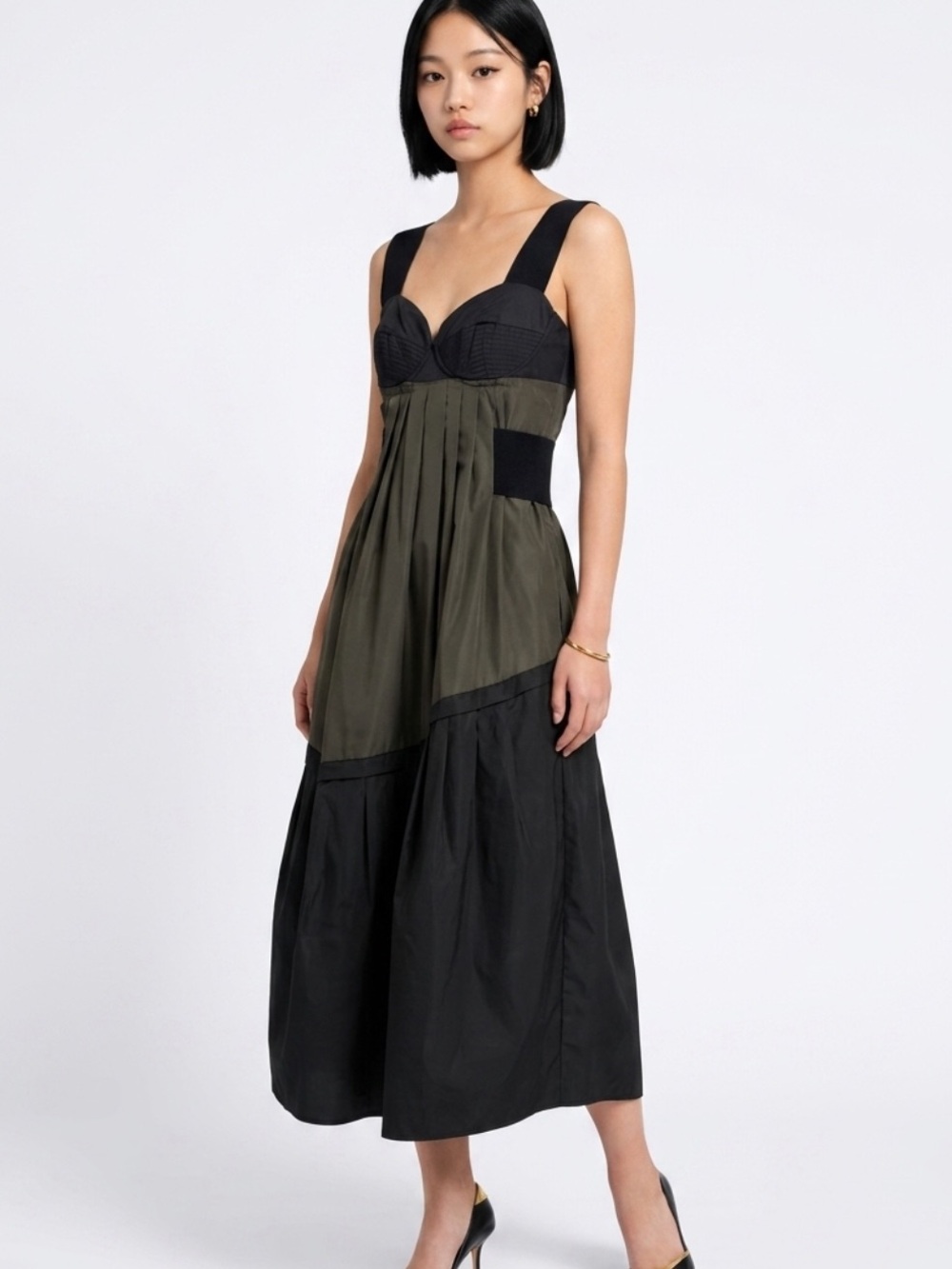 Prada VTG ‘06 Runway Look #8, Olive Taffeta Midi, Satin Bodice, knit straps, 38 - Picture 4 of 16